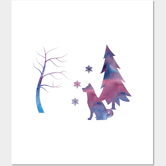 Akita Inu Winter Scene Snowflakes Wall Art by BittenByErmines